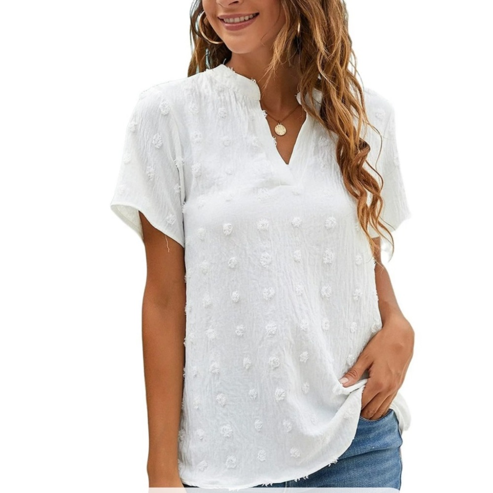 Fantaslook White Chiffon Blouse V Neck Summer Casual Polka Dot Size Large
